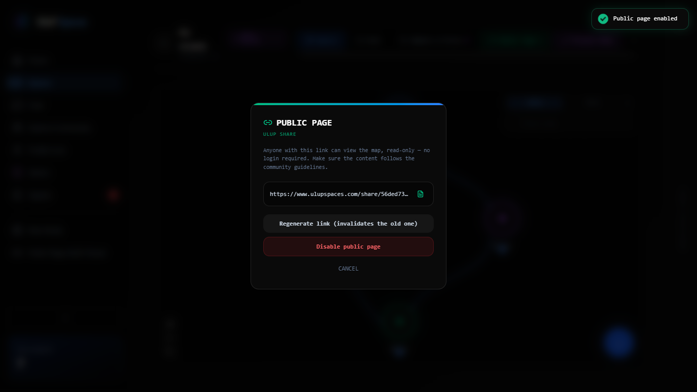 UluP Share: one link, and anyone sees your map — no login.